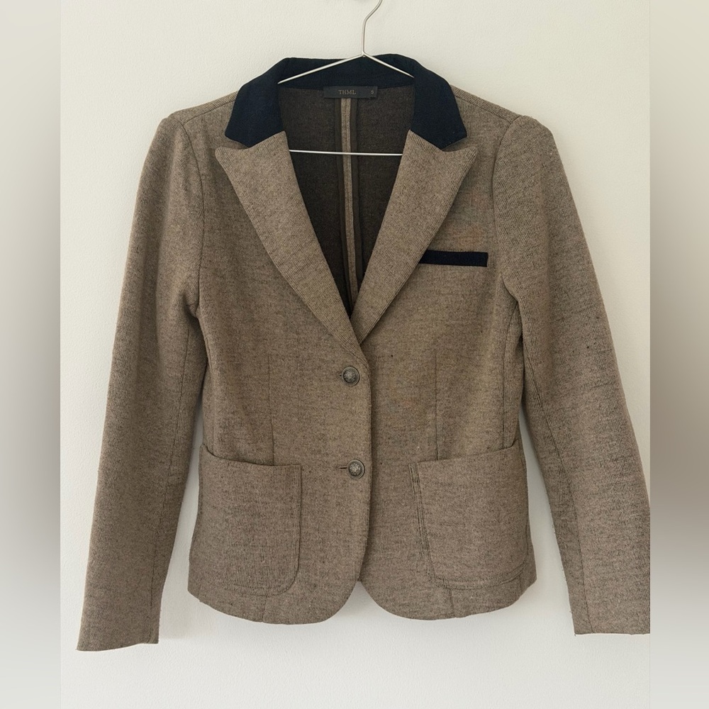 THML Equestrian Knit Blazer Taupe Crest Buttons Elbow Patches Small